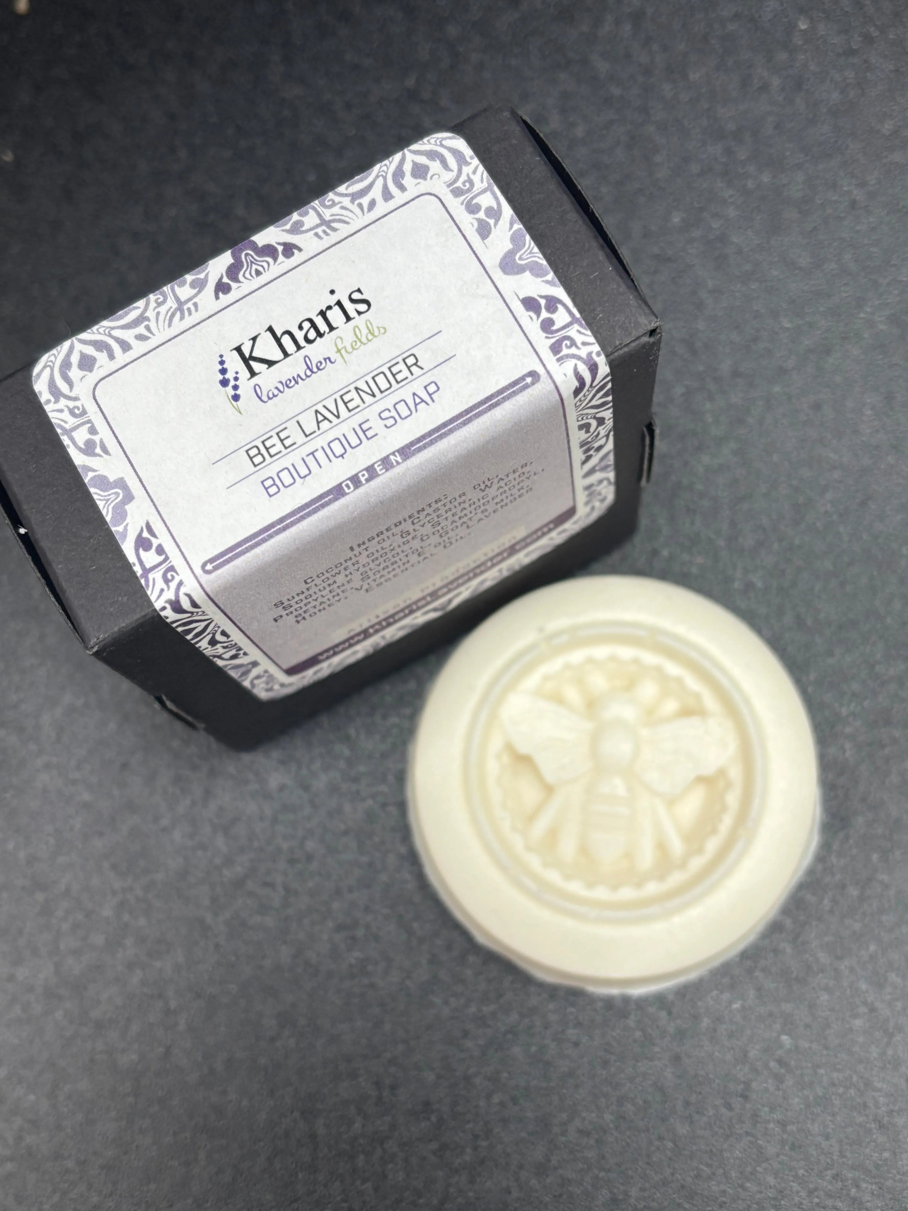 Kharis Bee Lavender Boutique Soap on a dark surface